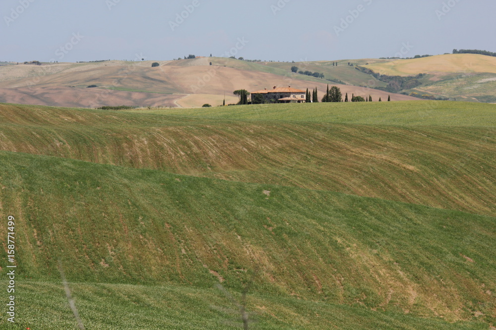VAL D'ORCIA , ITALY - JUNE 3 2017: Tuscan Hills countryside, with a small rural house in the background
