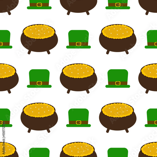 St.Patrick's Day seamless pattern background with green hats and gold coins pot vector illustration.