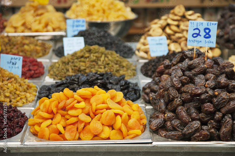 Dry fruits on the market in Jerusalem, Israel