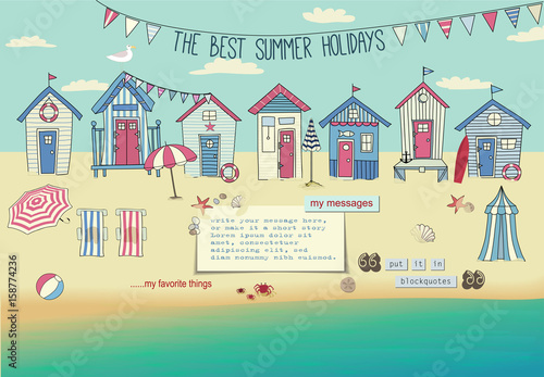 Beach Houses - Neat row of tiny huts and cabanas on a sandy beach