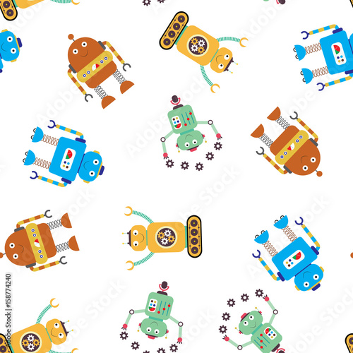 Fototapeta Naklejka Na Ścianę i Meble -  Cute funny robots seamless pattern,