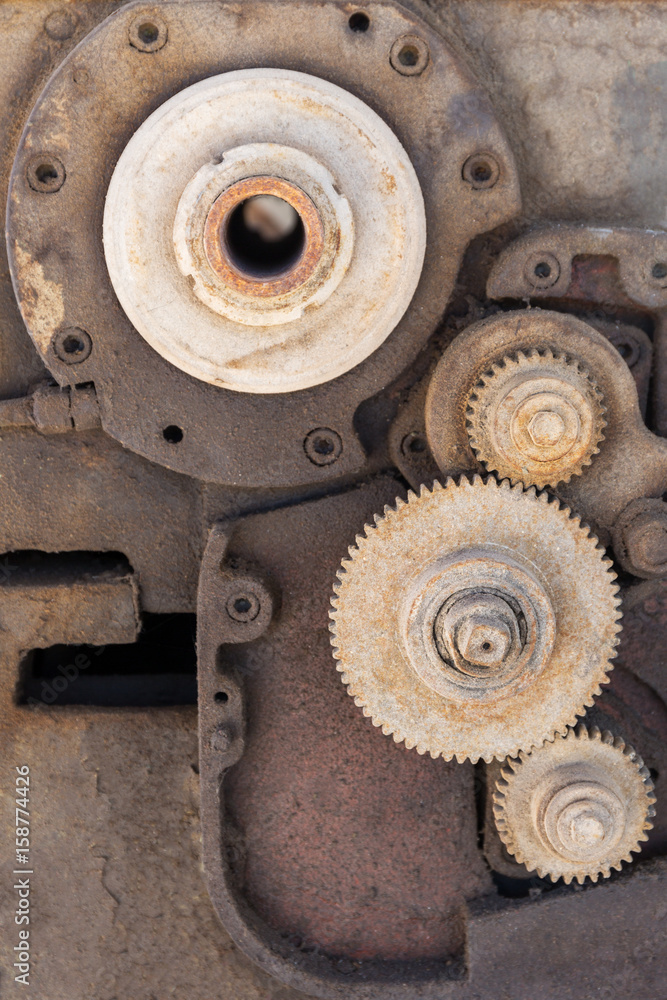 Close-up view of gears from old machine.