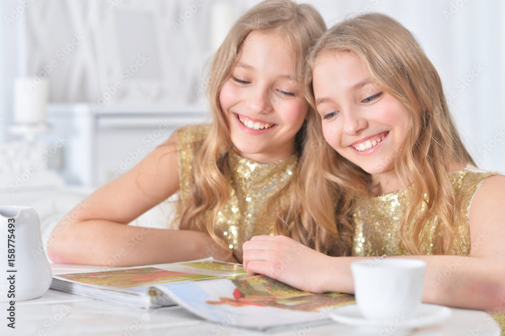 Cute twin sisters with modern magazine Cute twin sisters with modern magazine
