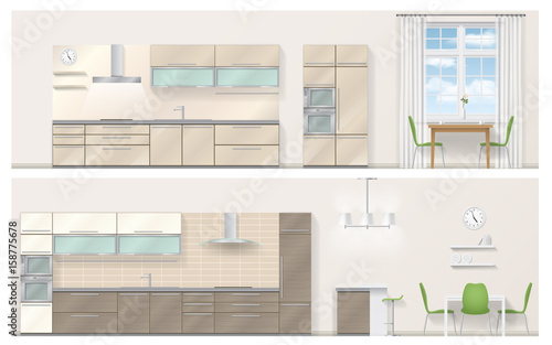 Set of kitchen furniture in a realistic 3D style. Detailed vector illustration. Orthographic view.