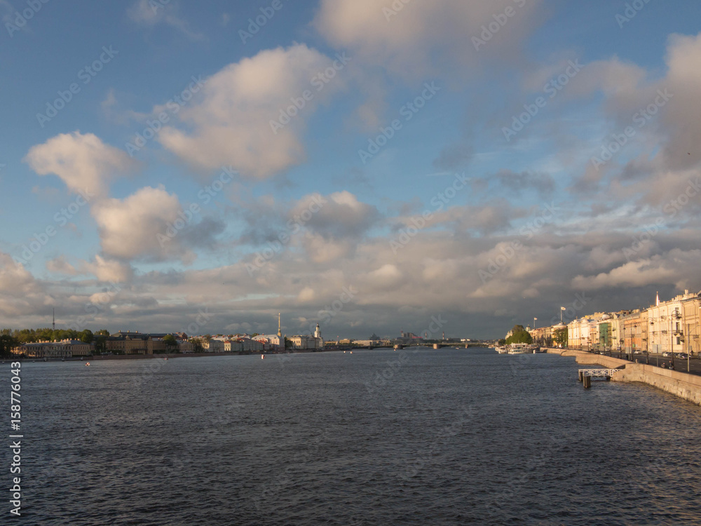 City landscape with the river Neva of St. Petersburg in the evening