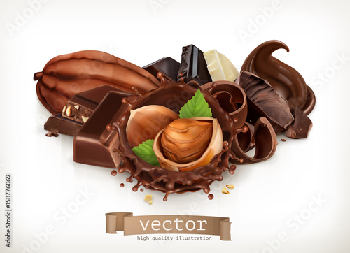 Chocolate bars and pieces. Hazelnut and chocolate splash. Realistic illustration. 3d vector icon