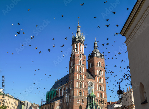 Amazing view with Saint Mary´s Church in the Rynek Glowny ,Market Main Square in Krakov, Poland, Europe