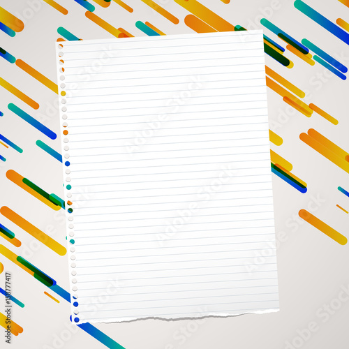 Ripped ruled note, notebook, copybook paper sheet stuck on lined colorful background.