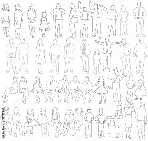 Vector, isolated, outlines of people, man, girls, children, collection, sketch, outline