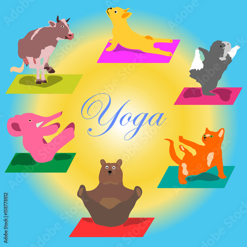 Vector hand-painted yoga postures with cartoon animals in different poses for body care and feet in the lotus health and fitness  wellness and spirituality concept