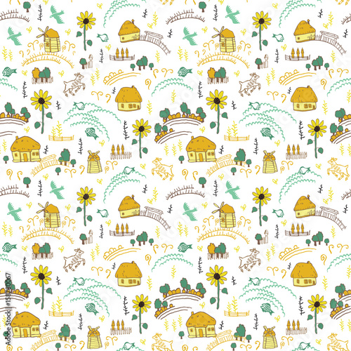 Stylized Ukrainian settlements. Seamless pattern.