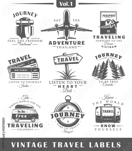 Set of vintage travel labels isolated on white background. Posters, stamps, banners and design elements. Vector illustration