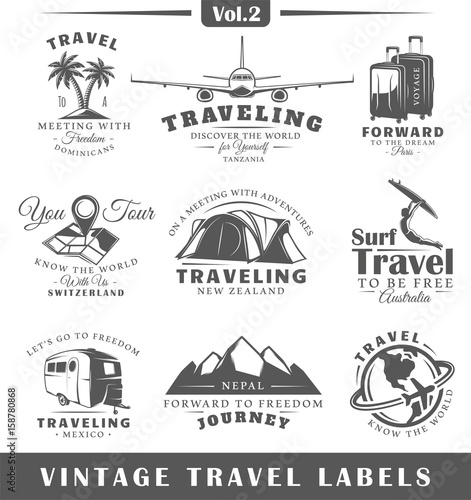 Set of vintage travel labels isolated on white background. Posters, stamps, banners and design elements. Vector illustration