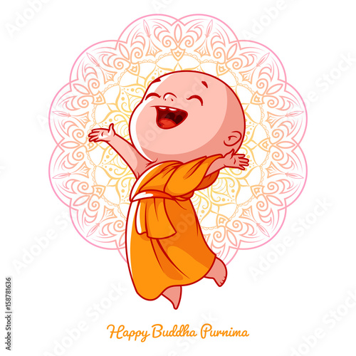 Little happy monk in the orange robe.