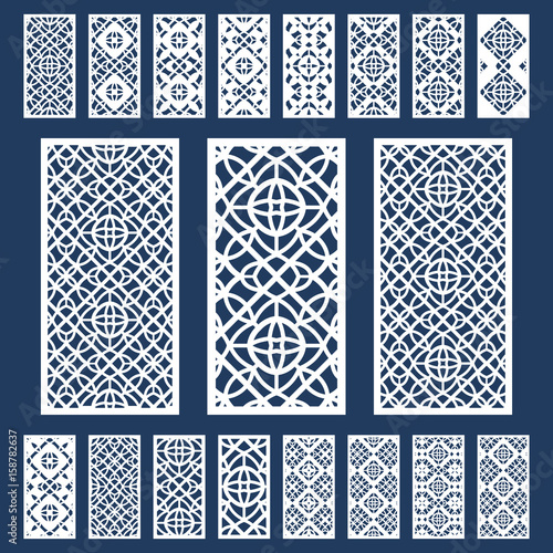 Ornamental panels template set for cutting exterior. Silhouette geometric pattern. Laser cut cabinet fretwork perforated panel in arabic style. Metal, paper or wood carving. Outdoor screen.