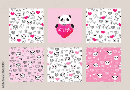 Set of greeting card and seamless patterns with pandas and hearts for textile, wallpapers, gift wrap and scrapbook. Elements for mother's day, father's day, Valentine's Day, birthday. Vector.