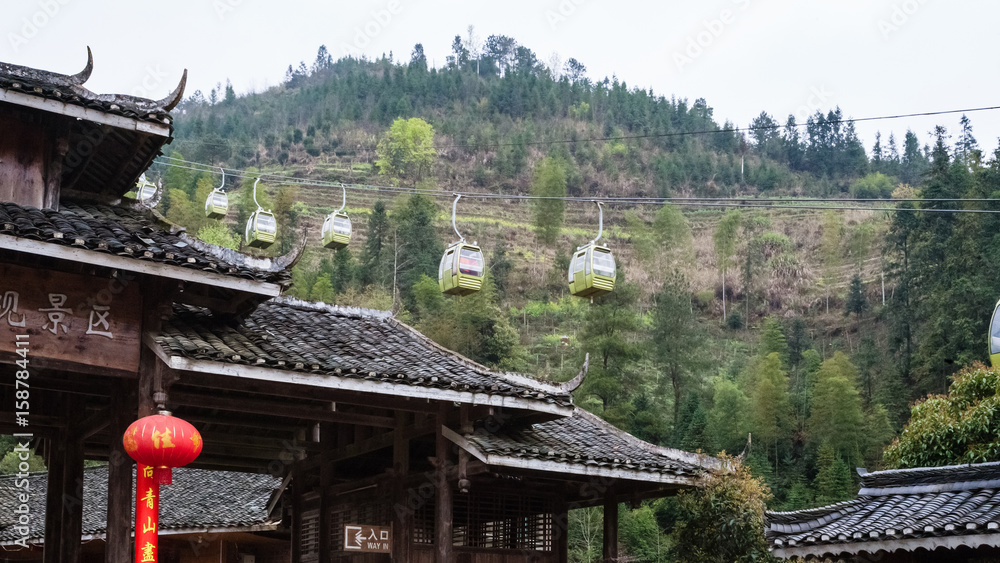 cableway and gate of Dazhai village in spring cableway and gate of Dazhai village in spring