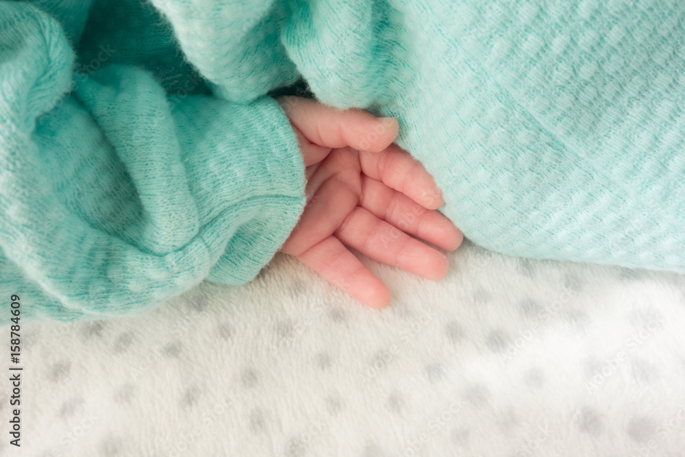 Newborn hand placed on a soft blanket, background Newborn hand placed on a soft blanket, background
