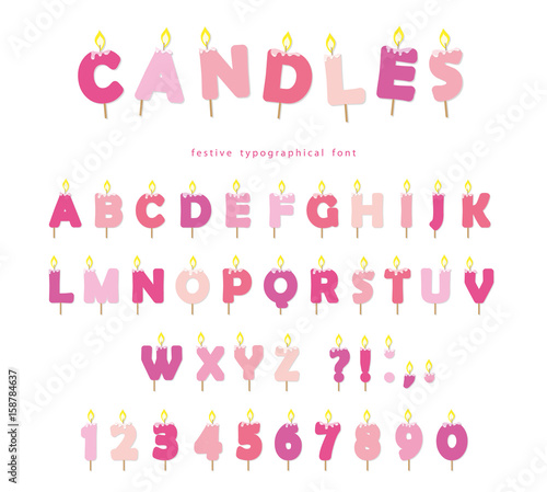 Birthday candles font design. ABC letters and numbers in pastel pink isolated on white.