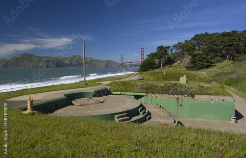 Battery Chamberline and Golden gate bridge, San Francisco, California, USA