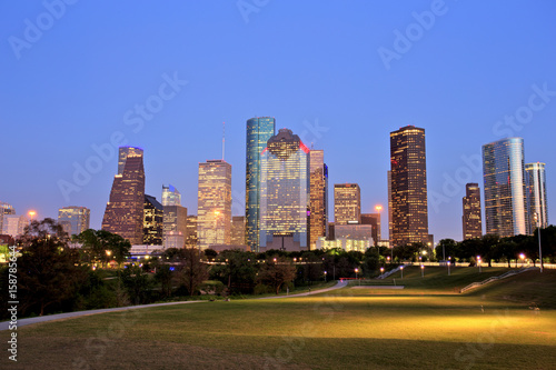 Houston Downtown Skyline Illuminated at Blue Hour