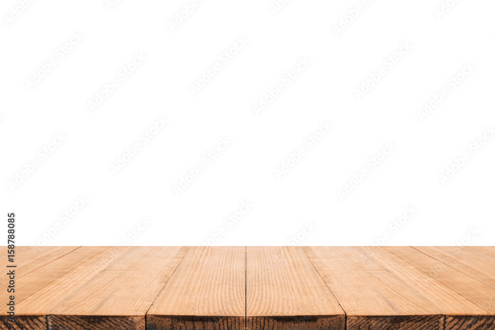 Empty top of wooden table or counter isolated on white backgroun Empty top of wooden table or counter isolated on white backgroun