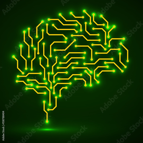 Technological neon brain. Circuit board. Abstract vector background