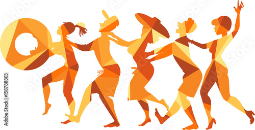 Polygonal vector illustration of a group of friends dancing conga line on a beach, EPS 8, no transparencies 