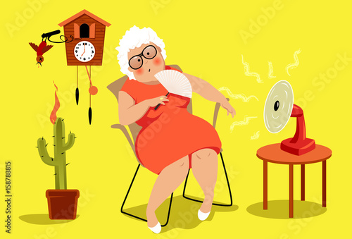 Mature woman sitting in her house in a very hot summer day, suffering a heat exhaustion,  EPS 8 vector illustration, no transparencies