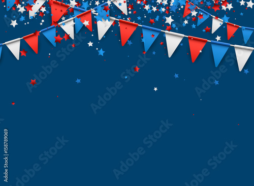 Blue background with flags and stars.