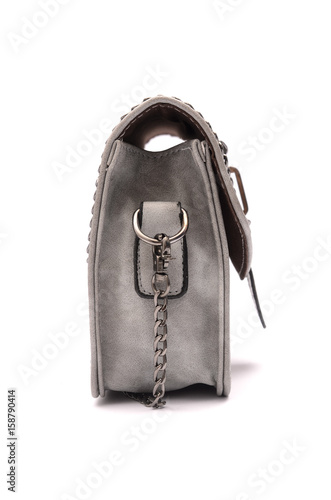 Gray leather clutch with chain isolated on white,sideways
