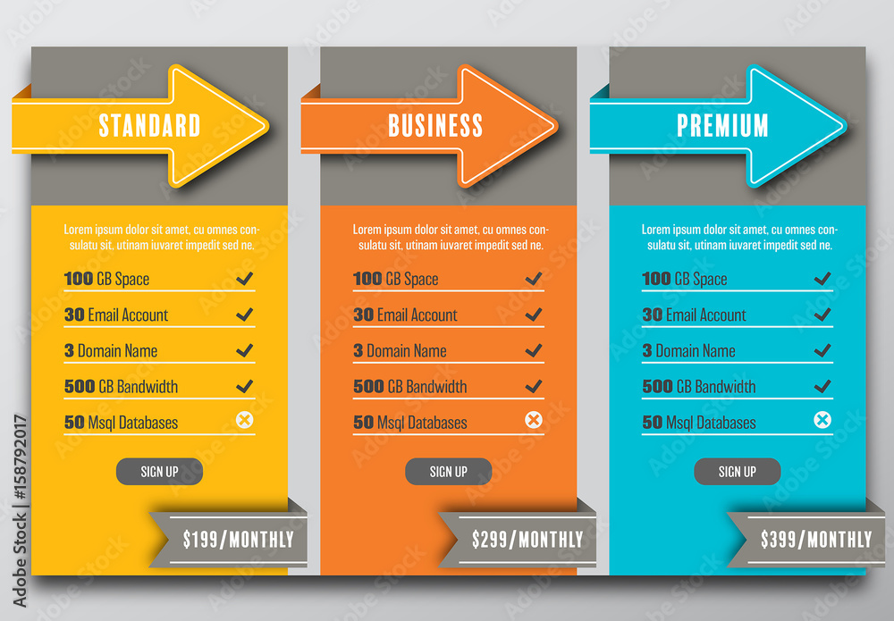 Colorful Three Section Pricing Tier Layout Stock Template Adobe Stock