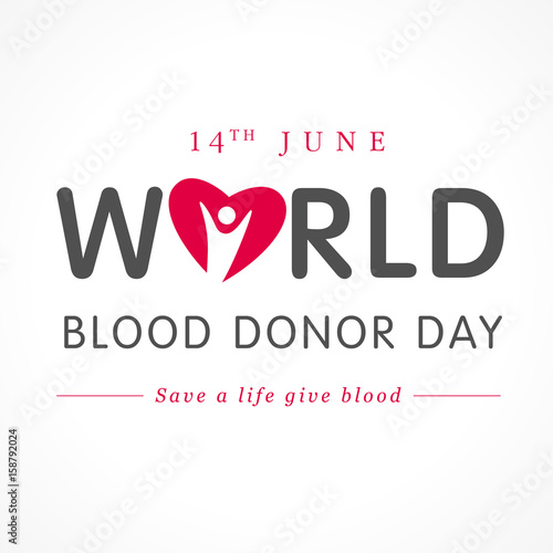 World blood donor day red heart lettering.  Healthcare & Medical card with text World Blood Donor Day and people heart red color shape