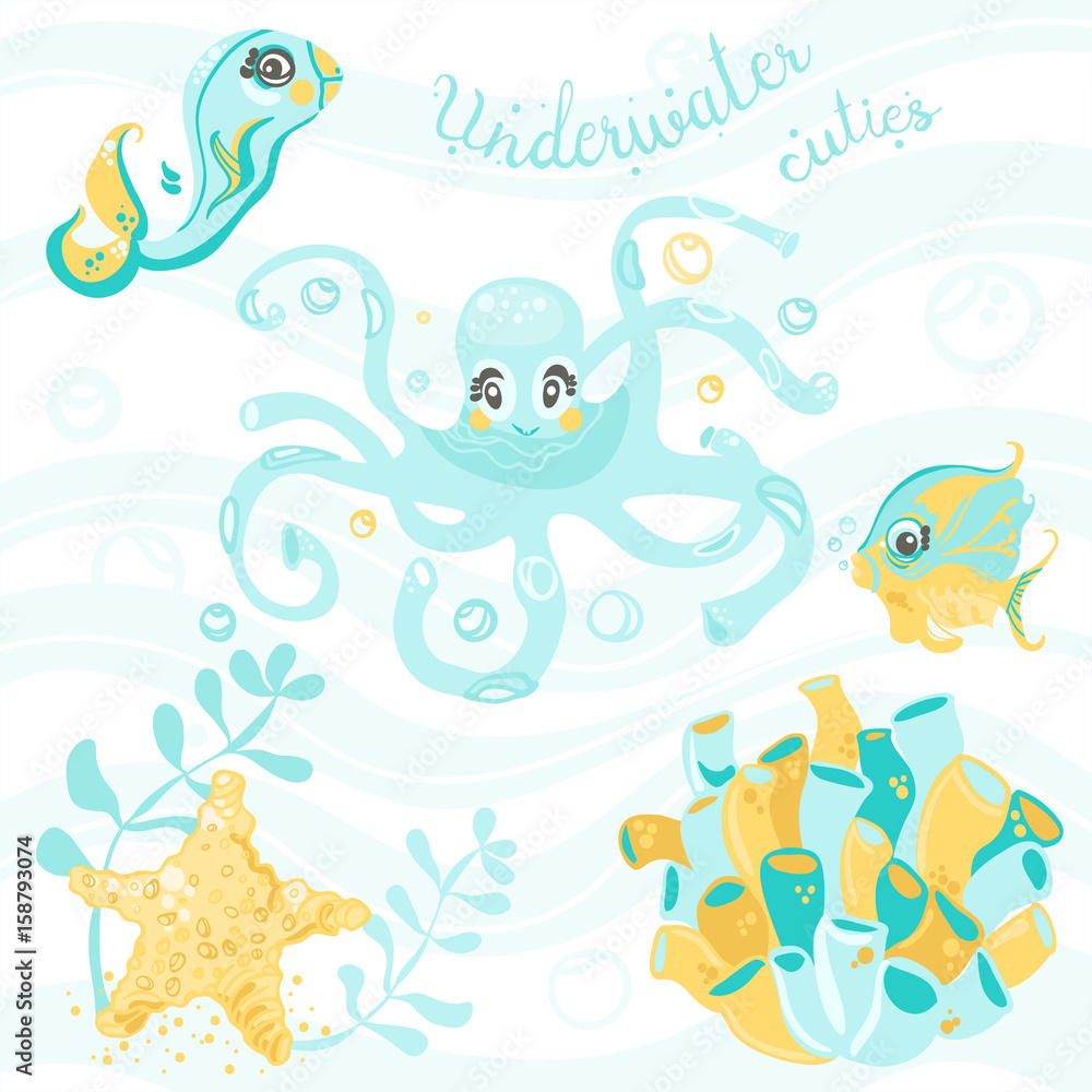 Fototapeta premium Underwater cuties, vector underwater characters set