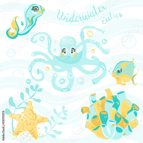 Underwater cuties, vector underwater characters set