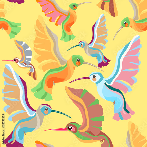 Colorful hummingbirds in retro style vector seamless pattern