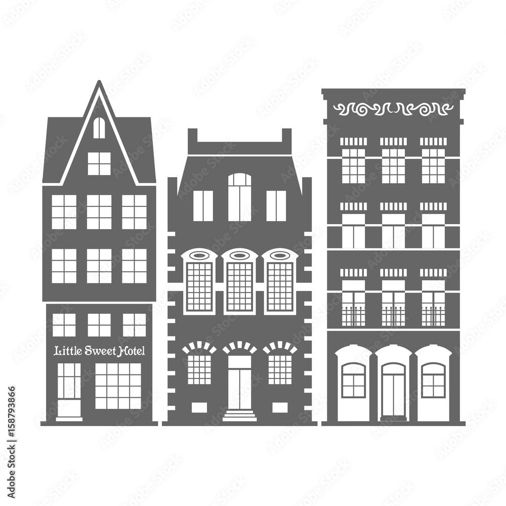Set of 3 shape Amsterdam, Holland old houses facades. Traditional architecture of Netherlands. Silhouette black and white vector isolated illustrations in the Dutch style.