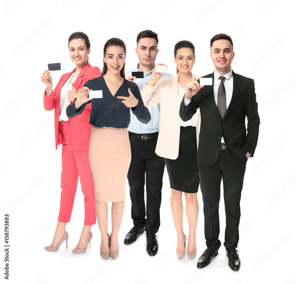 Group of people holding blank business cards on white background Group of people holding blank business cards on white background
