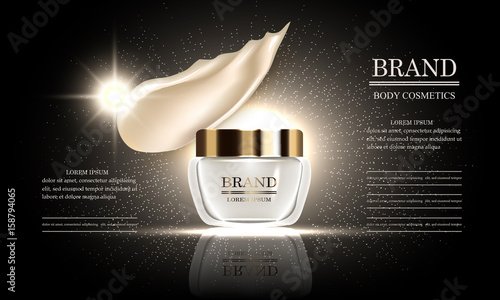 Cosmetics beauty series, premium body cream for skin care and liquid makeup smear, template for design poster, placard, presentation, banner, cover, vector illustration.