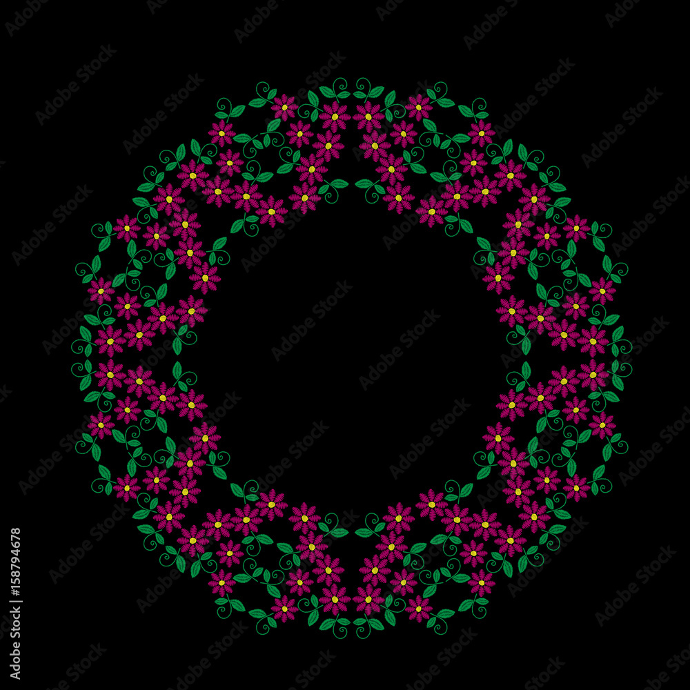 Embroidery stitches imitation round frame with folk flower and leaf Embroidery stitches imitation round frame with folk flower and leaf