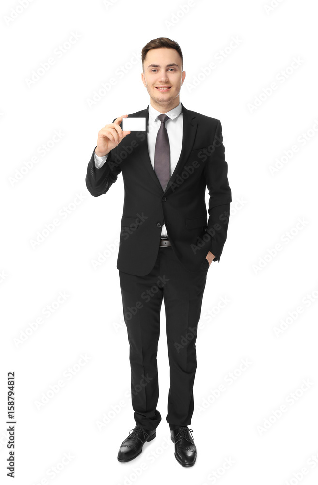 Handsome young man with business card on white background Handsome young man with business card on white background