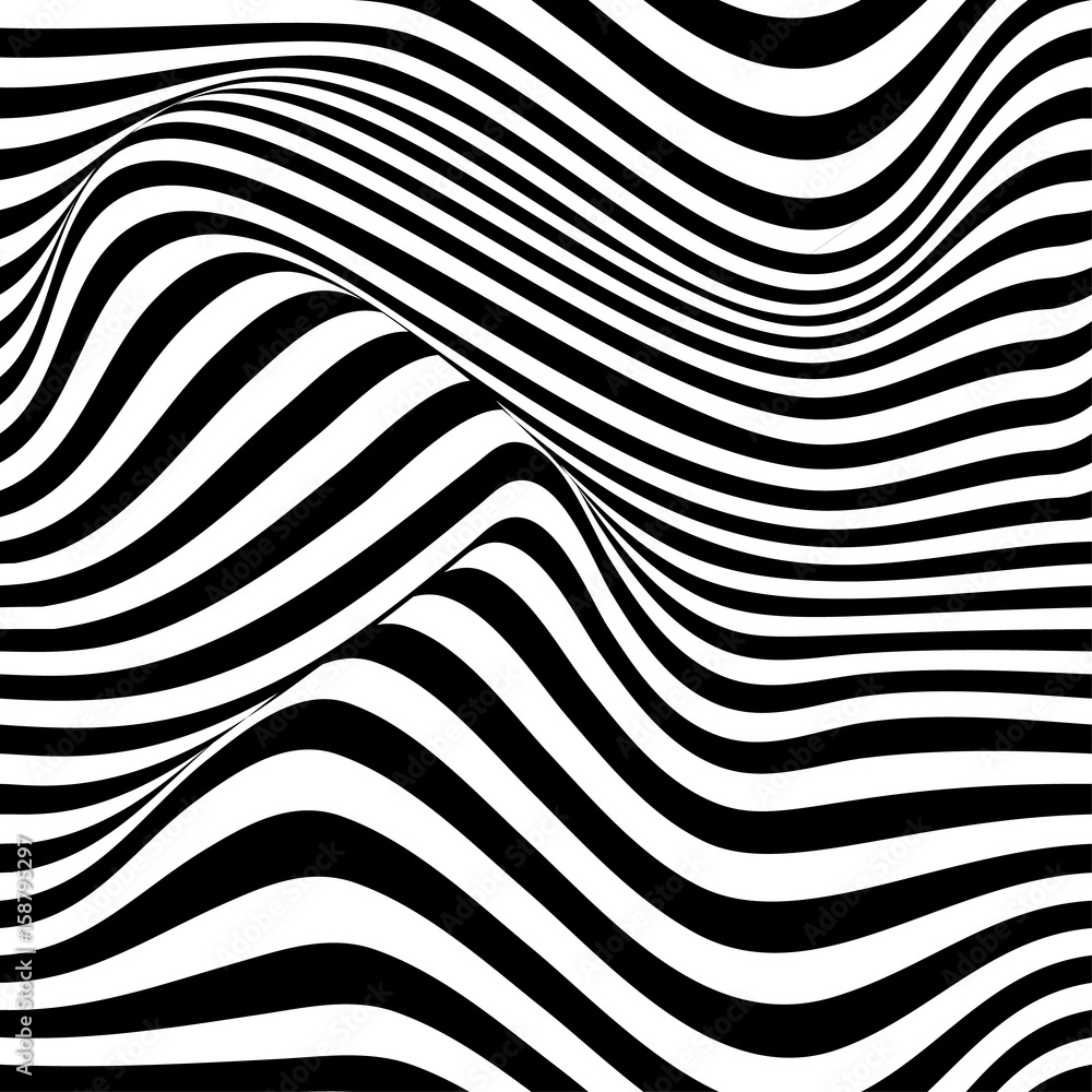 Abstract vector seamless op art pattern with waving curling lines. Monochrome graphic black and white ornament. Abstract vector seamless op art pattern with waving curling lines. Monochrome graphic black and white ornament.