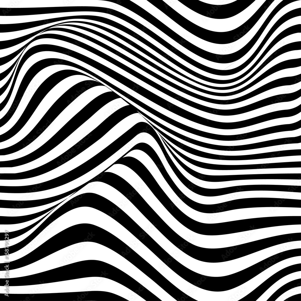 Abstract vector seamless op art pattern with waving curling lines. Monochrome  graphic black and white ornament.