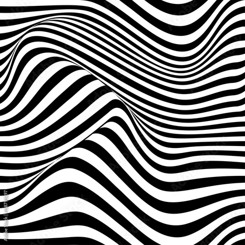 Abstract vector seamless op art pattern with waving curling lines. Monochrome  graphic black and white ornament.