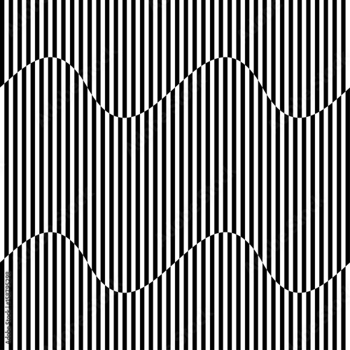 Abstract vector seamless op art pattern with waving lines. Monochrome  graphic black and white ornament. Striped repeating texture.