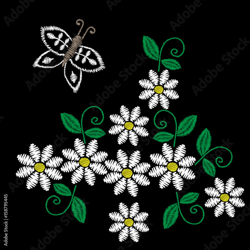 Embroidery stitches imitation white flower, butterfly and green leaf