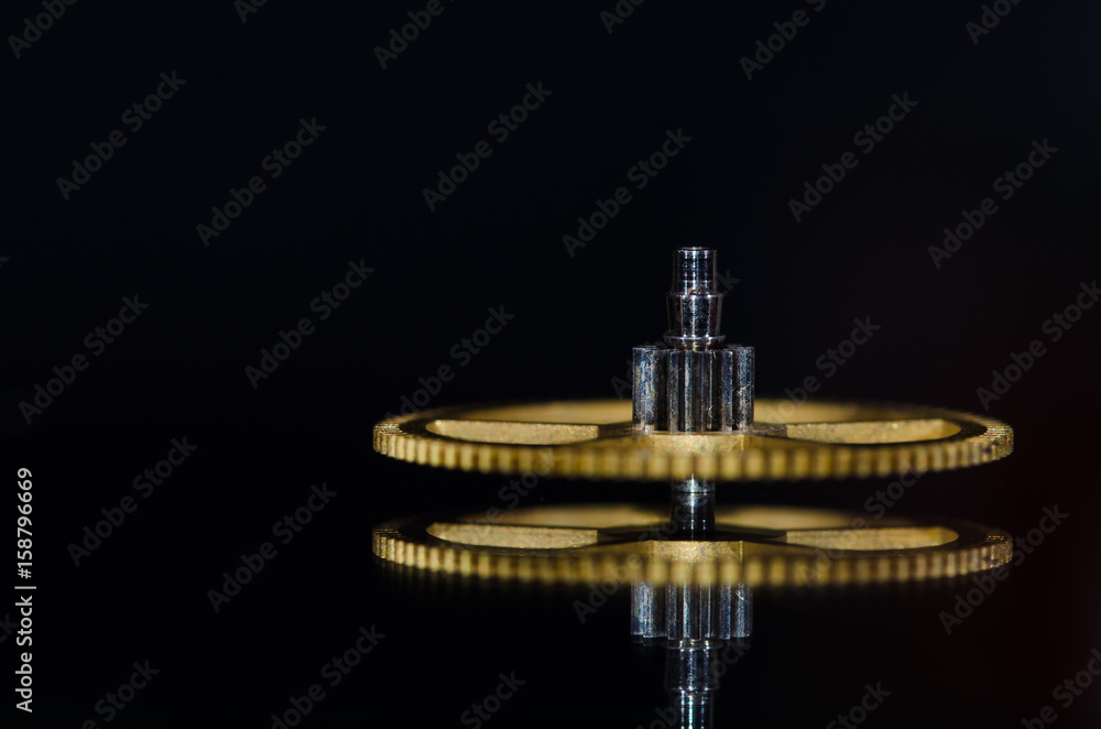 Naklejka premium Watch Parts: Vintage Metallic Watch Gear on Black Background
