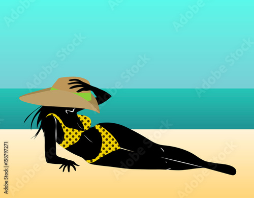 Beautiful young girl in bikini and hat on sea beach, travel and rest