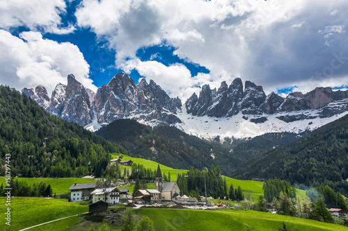 Famous best alpine place of the world, Santa Maddalena village with magical Dolomites mountains in background, Val di Funes valley, Trentino Alto Adige region, Italy, Europe