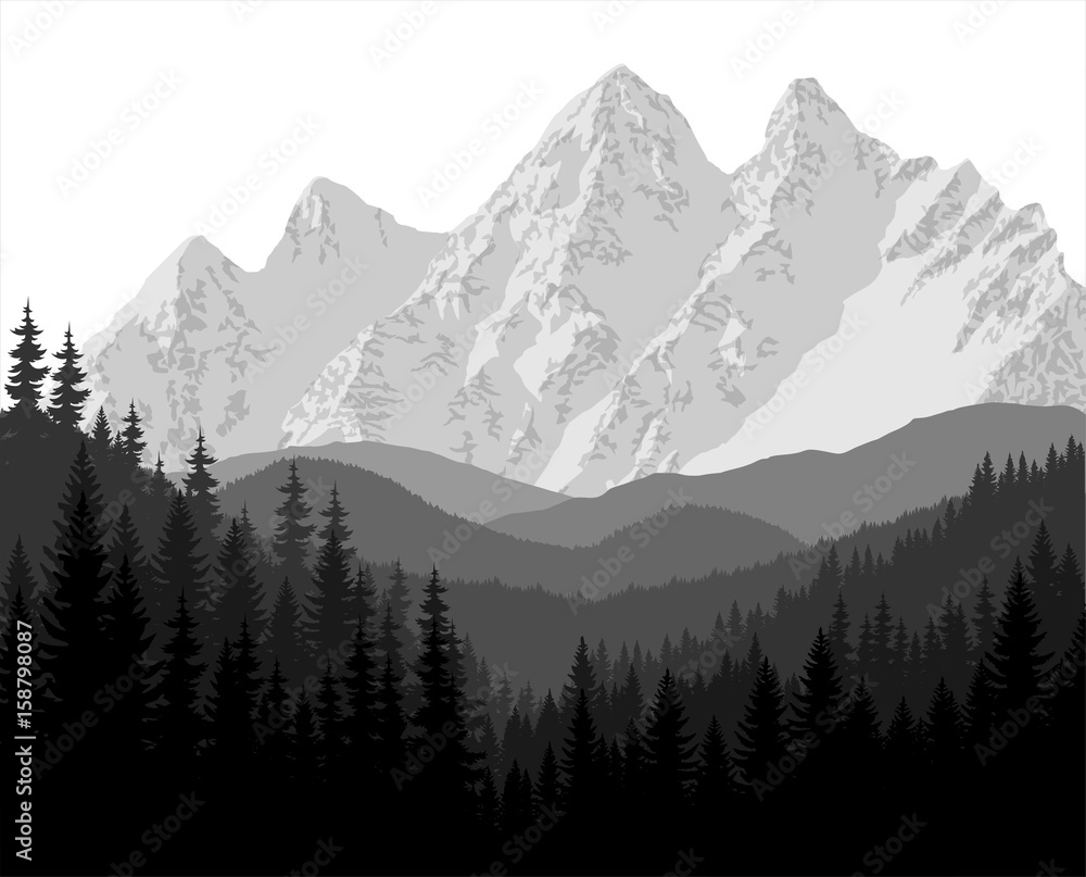 Fototapeta premium Grey mountains forest retro vintage vector background illustration.